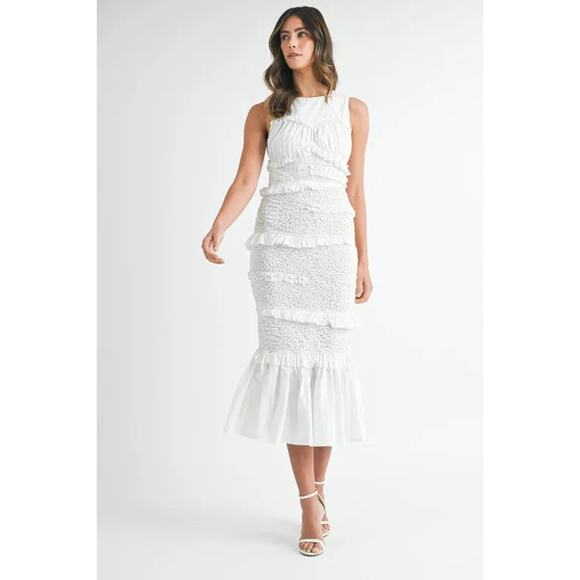 MABLE Ruffled Popcorn Smocked Mermaid Midi Dress - Picture 4 of 10